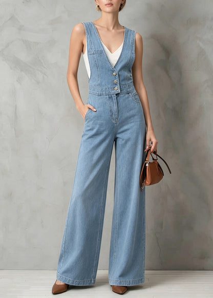Women Blue V Neck Patchwork Denim Jumpsuit Sleeveless