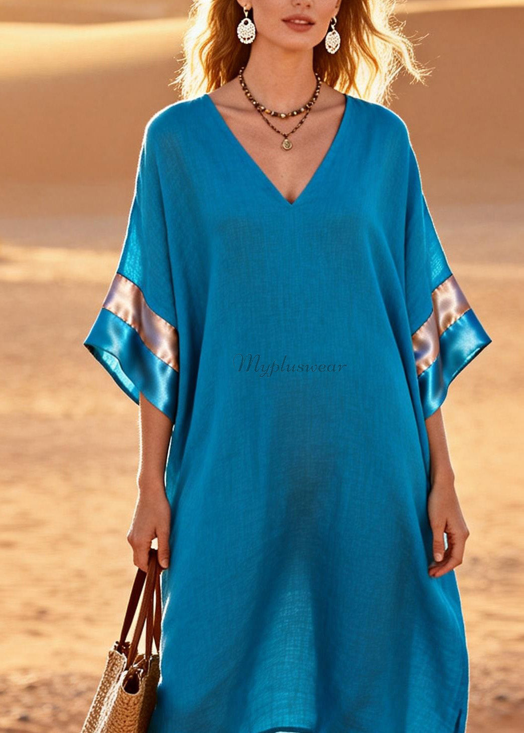 Women Blue V Neck Patchwork Linen Silk Two Pieces Set Summer