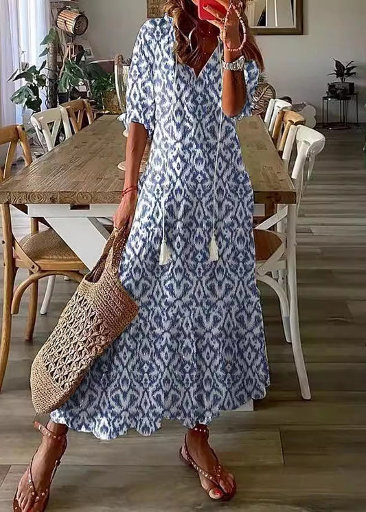 Women Blue V Neck Print Boho Cotton Long Dresses Summer
