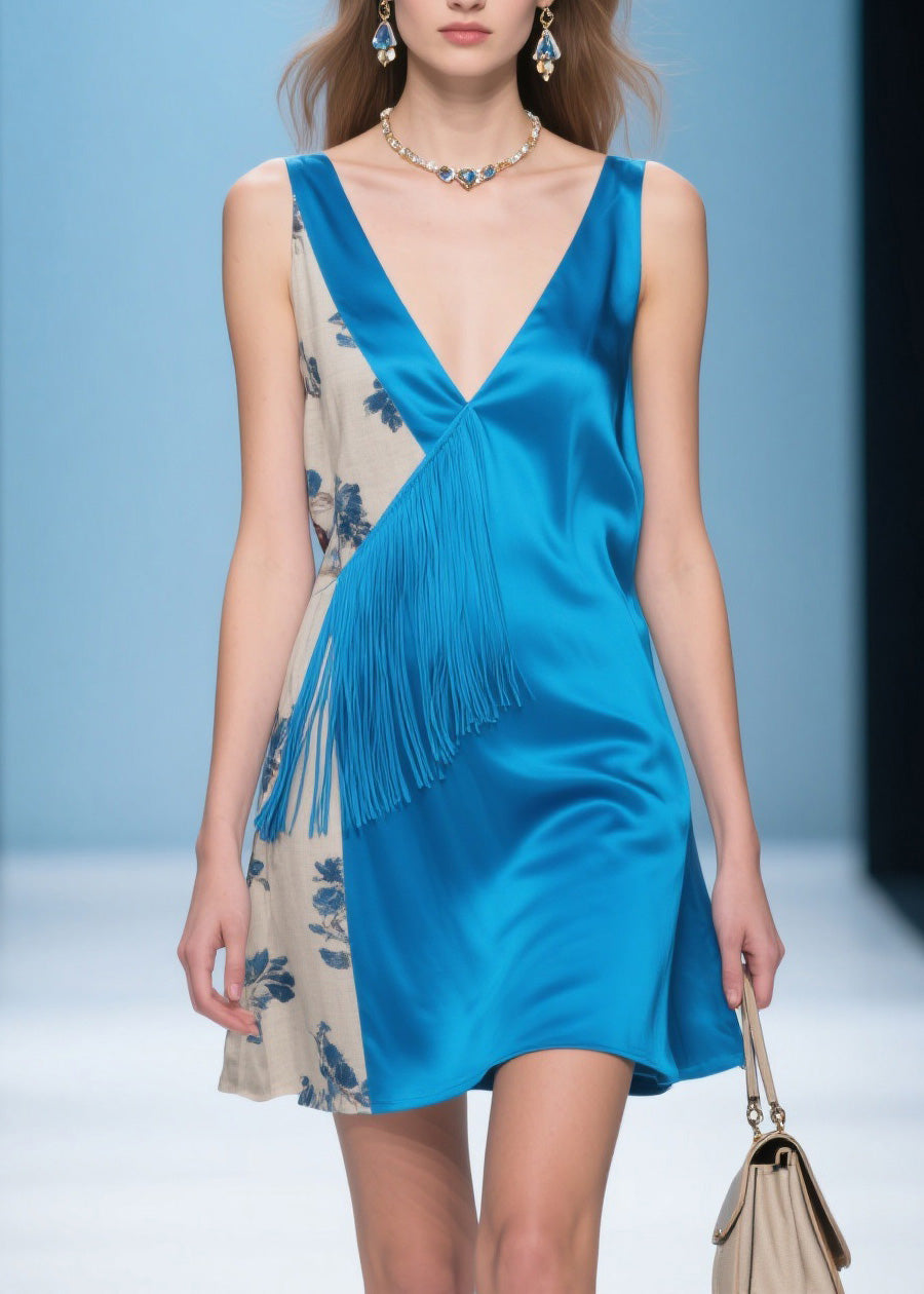 Women Blue V Neck Print Patchwork Silk Dresses Summer