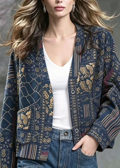 Women Blue V Neck Print Pockets Cotton Cardigans Fall