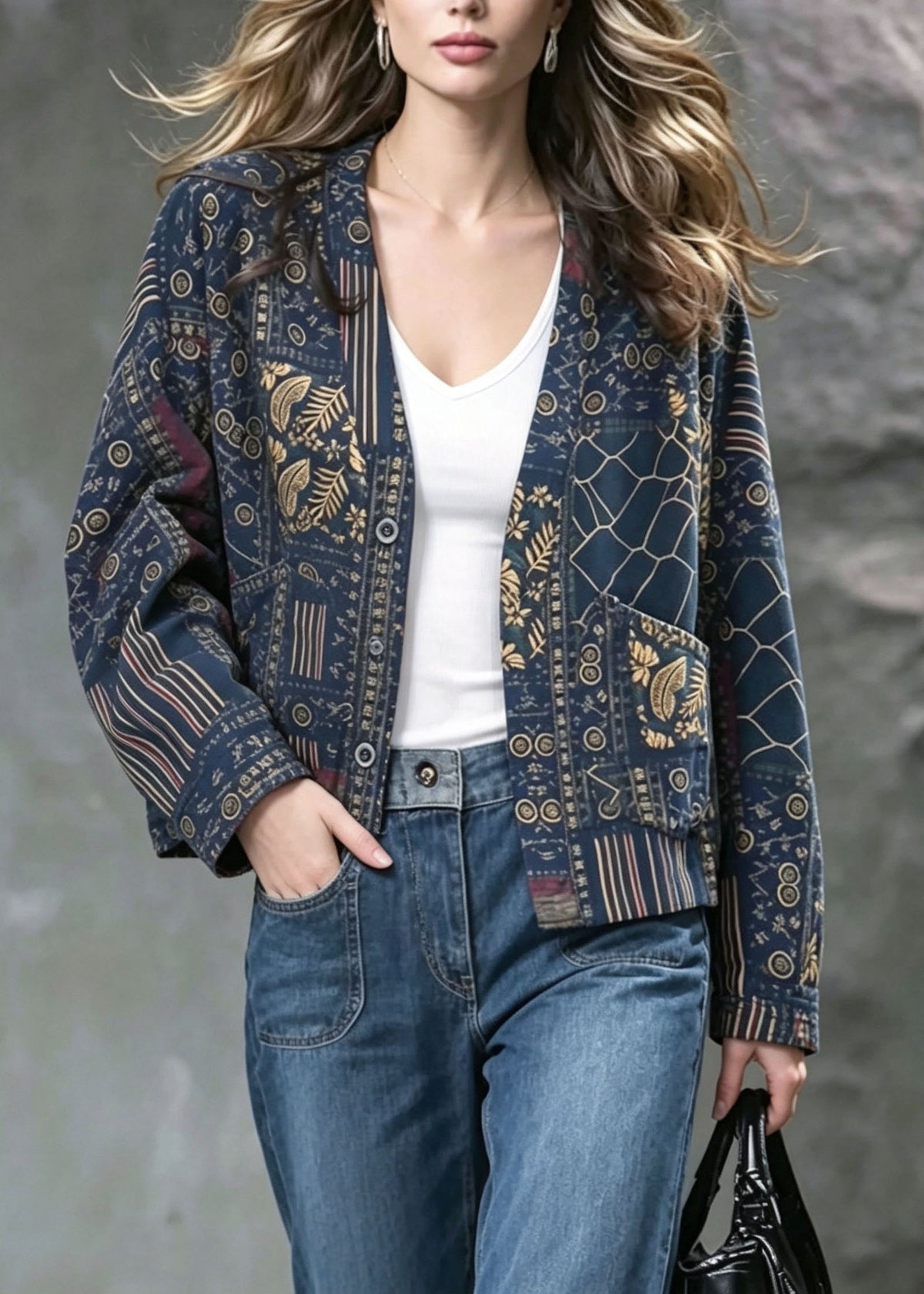 Women Blue V Neck Print Pockets Cotton Cardigans Fall