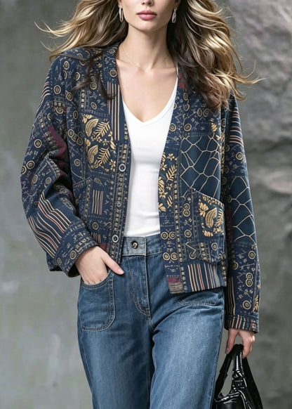 Women Blue V Neck Print Pockets Cotton Cardigans Fall