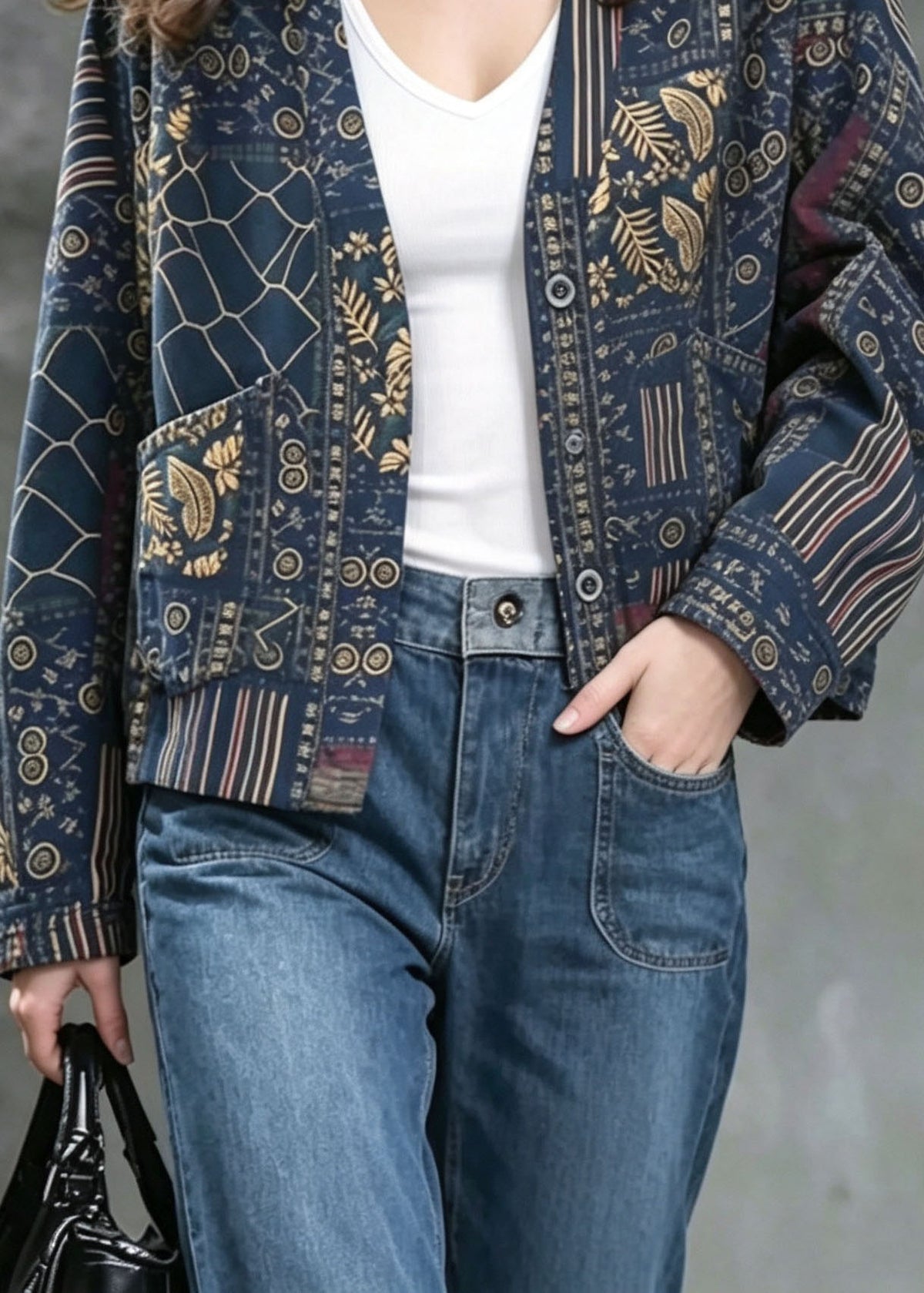 Women Blue V Neck Print Pockets Cotton Cardigans Fall