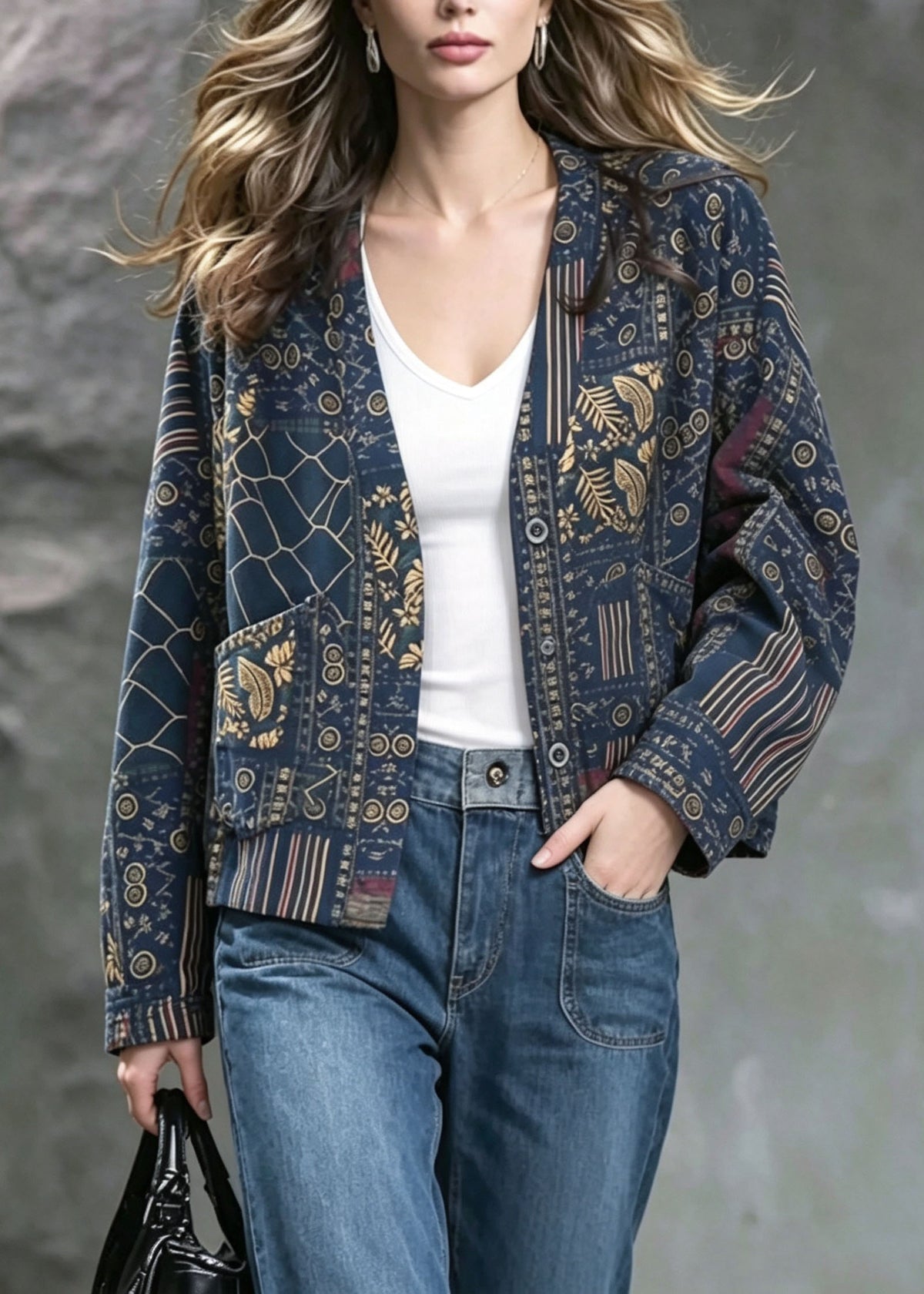 Women Blue V Neck Print Pockets Cotton Cardigans Fall