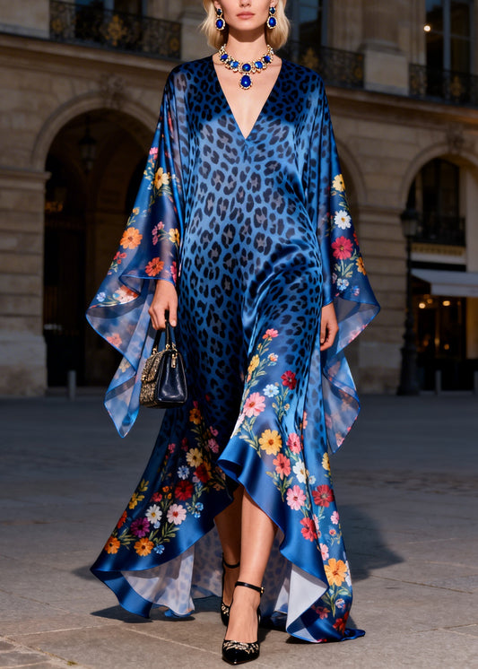 Women Blue V Neck Print Ruffled Silk Long Dresses Summer