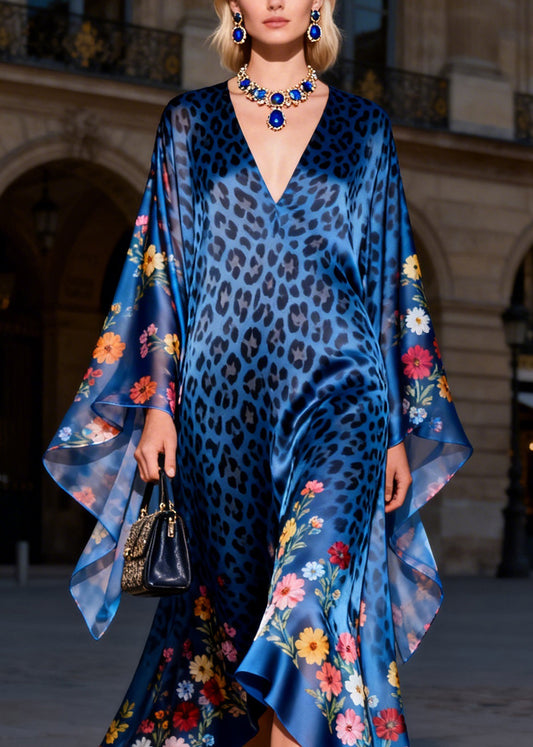 Women Blue V Neck Print Ruffled Silk Long Dresses Summer