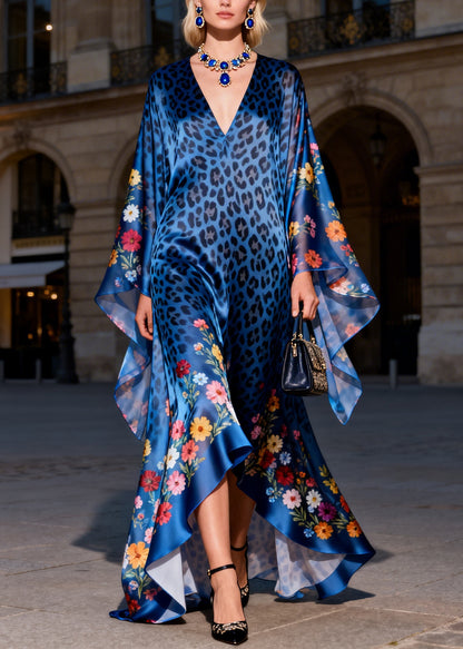 Women Blue V Neck Print Ruffled Silk Long Dresses Summer