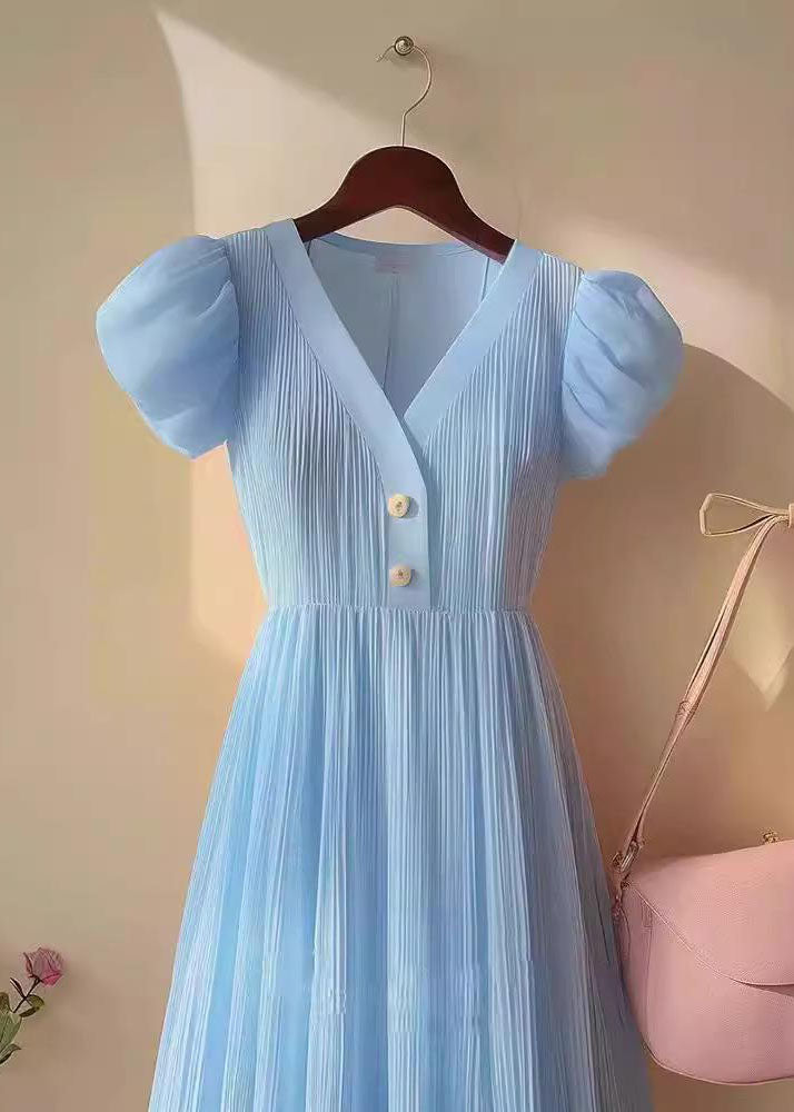 Women Blue V Neck Puff Sleeve Wrinkled Patchwork Chiffon Dresses