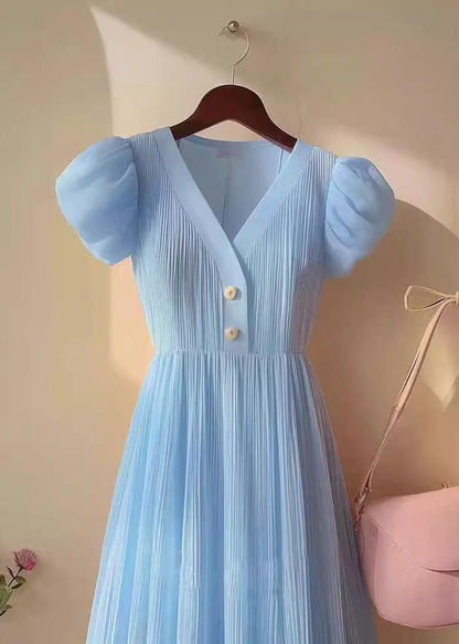 Women Blue V Neck Puff Sleeve Wrinkled Patchwork Chiffon Dresses