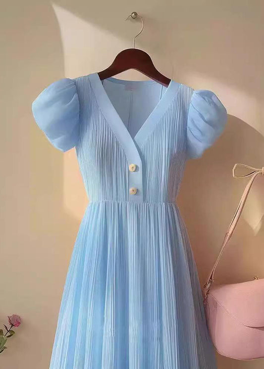 Women Blue V Neck Puff Sleeve Wrinkled Patchwork Chiffon Dresses