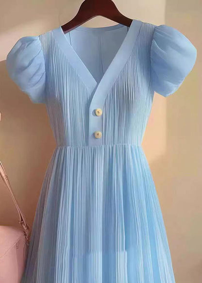 Women Blue V Neck Puff Sleeve Wrinkled Patchwork Chiffon Dresses