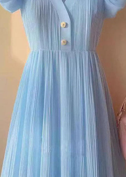 Women Blue V Neck Puff Sleeve Wrinkled Patchwork Chiffon Dresses