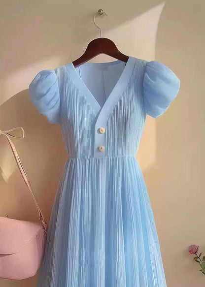 Women Blue V Neck Puff Sleeve Wrinkled Patchwork Chiffon Dresses