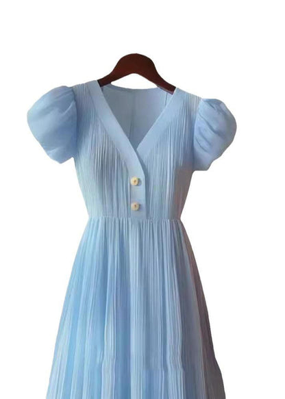 Women Blue V Neck Puff Sleeve Wrinkled Patchwork Chiffon Dresses