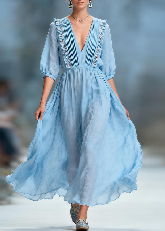 Women Blue V Neck Ruffled Floral Cotton Long Dresses Summer