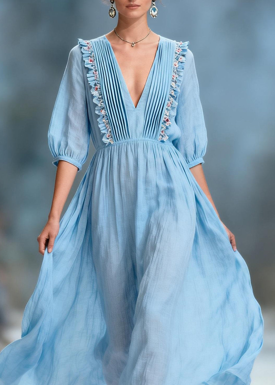 Women Blue V Neck Ruffled Floral Cotton Long Dresses Summer