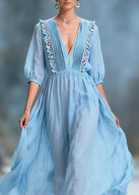 Women Blue V Neck Ruffled Floral Cotton Long Dresses Summer