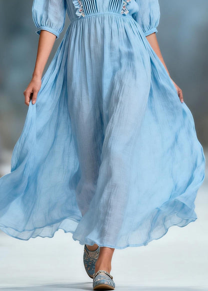 Women Blue V Neck Ruffled Floral Cotton Long Dresses Summer