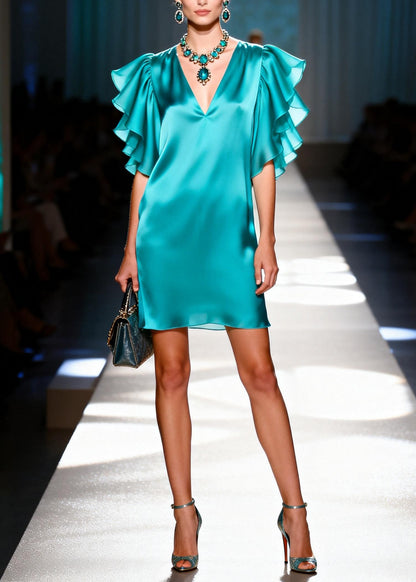 Women Blue V Neck Silk Mini Dresses Butterfly Sleeve