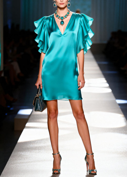 Women Blue V Neck Silk Mini Dresses Butterfly Sleeve