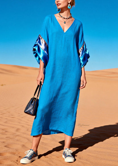 Women Blue V Neck Solid Silk Patchwork Dress Summer