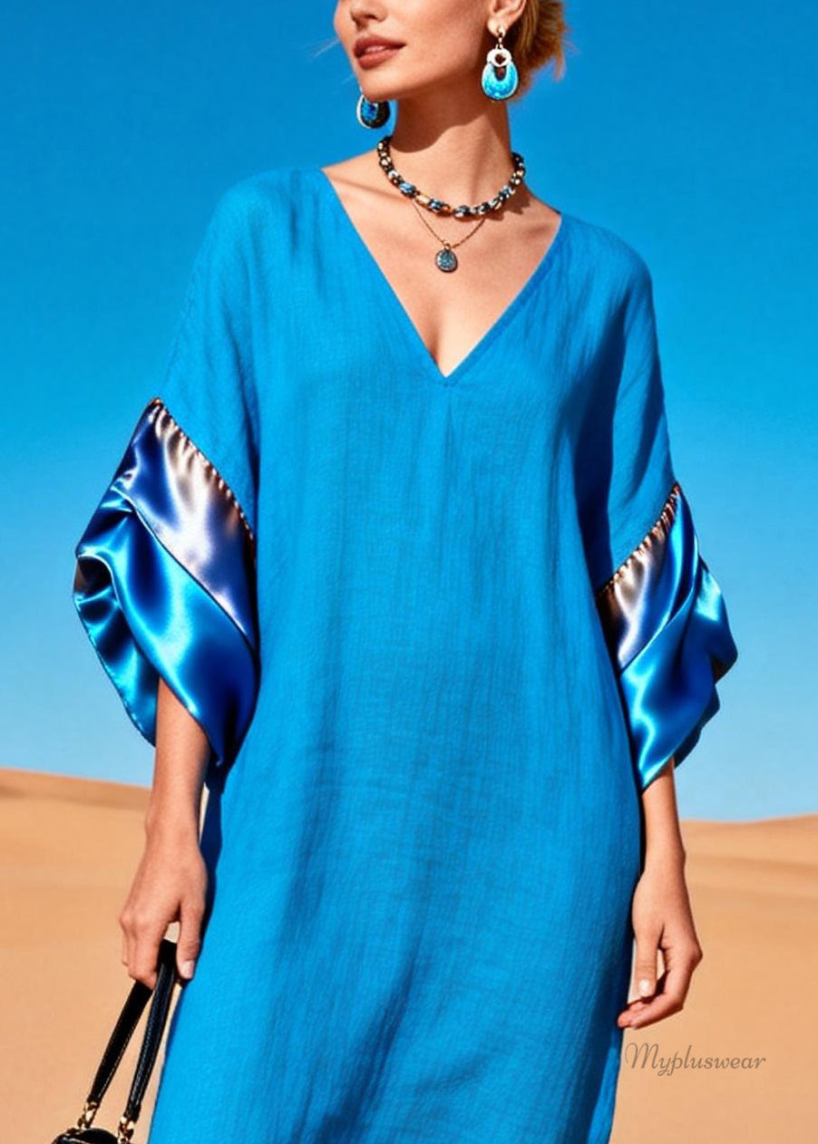 Women Blue V Neck Solid Silk Patchwork Dress Summer