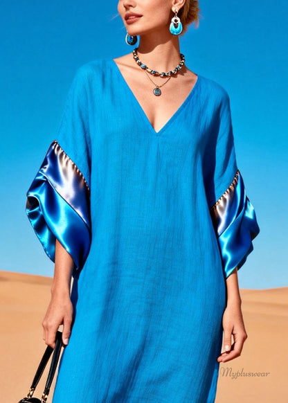 Women Blue V Neck Solid Silk Patchwork Dress Summer