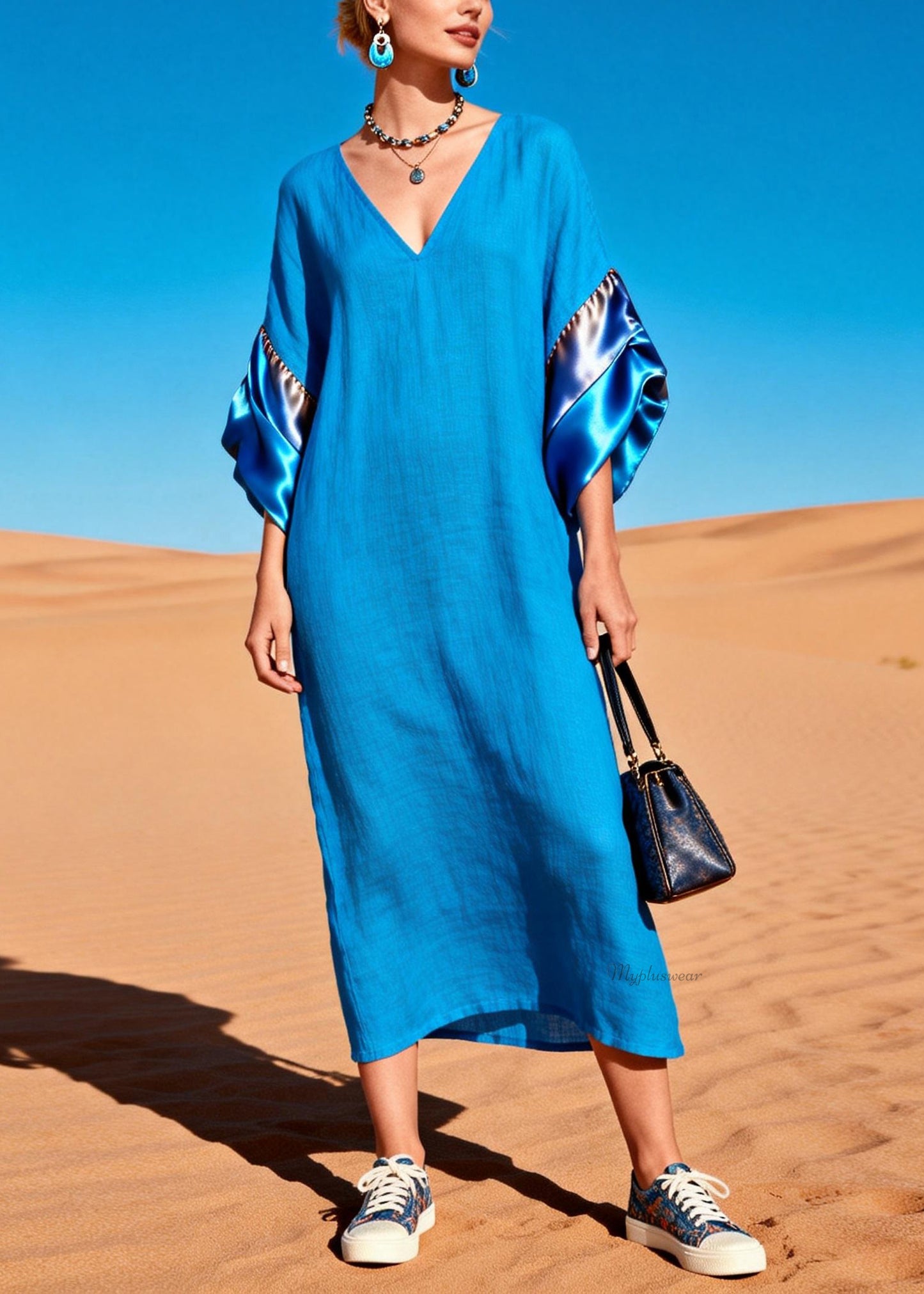 Women Blue V Neck Solid Silk Patchwork Dress Summer