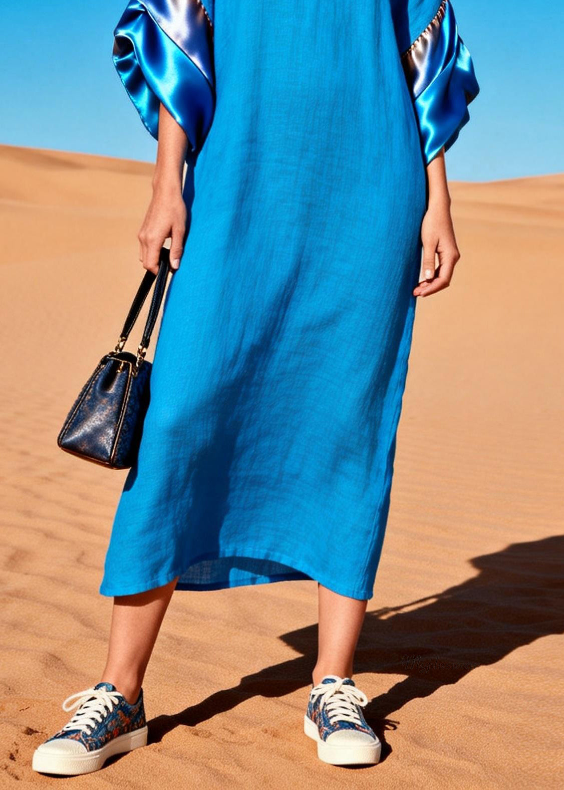 Women Blue V Neck Solid Silk Patchwork Dress Summer