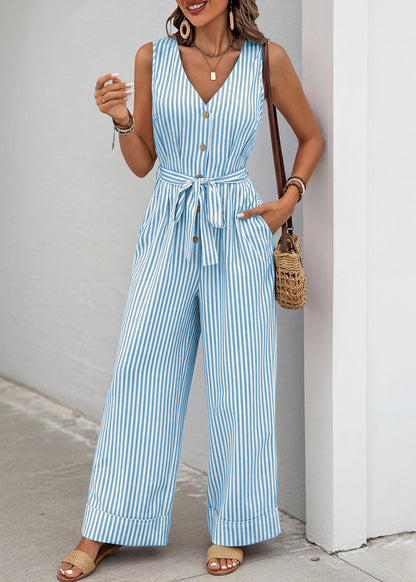 Women Blue V Neck Striped Tie Waist Cotton Jumpsuits Sleeveless