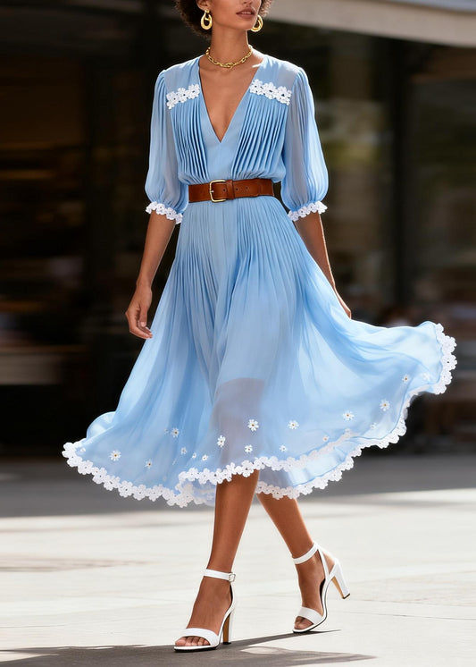 Women Blue V Neck Wrinkled Floral Chiffon Maxi Dresses Summer