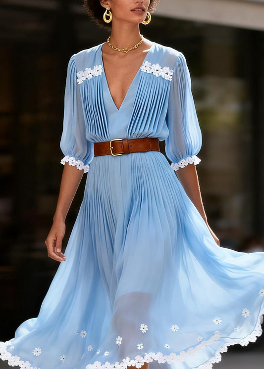 Women Blue V Neck Wrinkled Floral Chiffon Maxi Dresses Summer