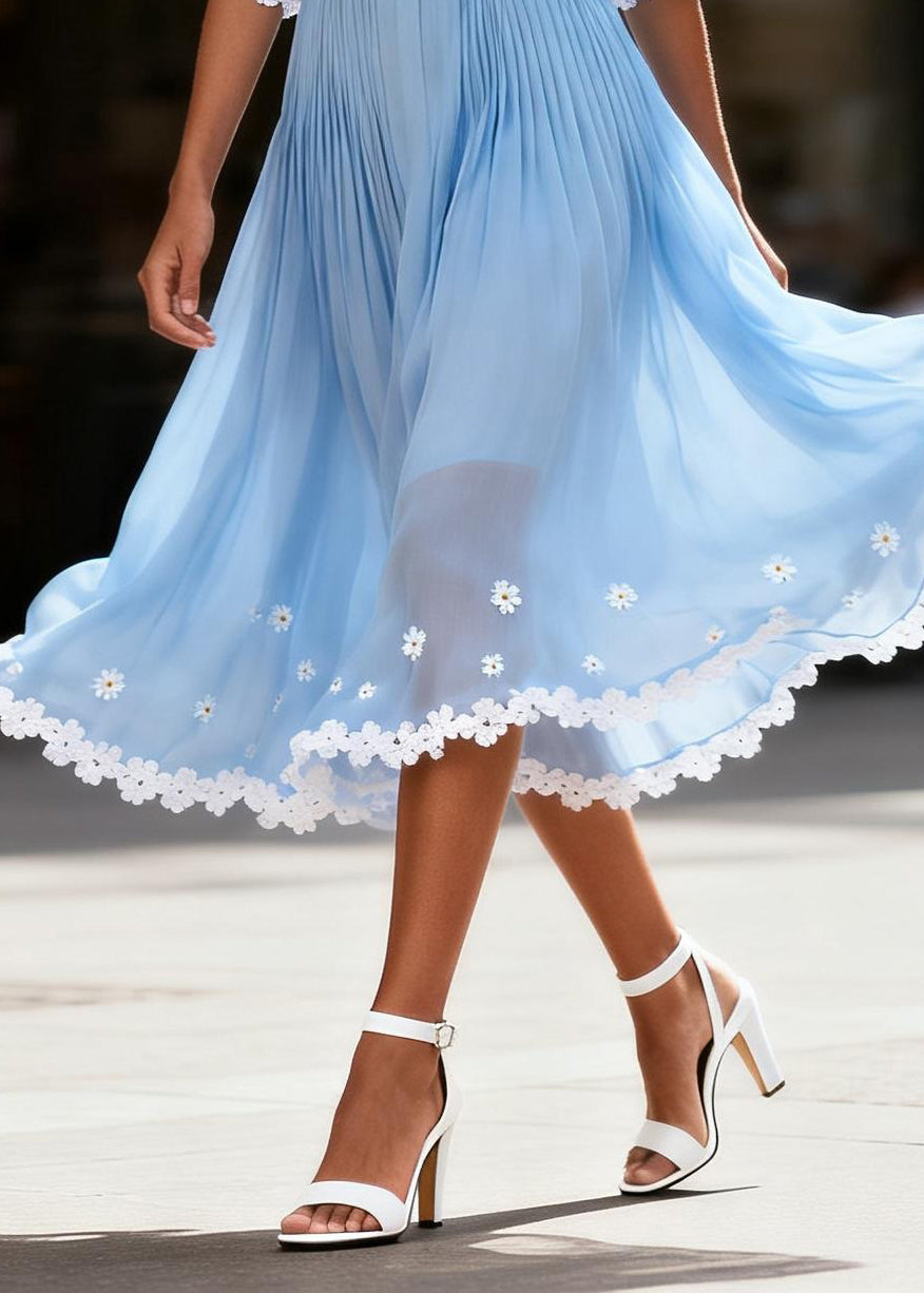 Women Blue V Neck Wrinkled Floral Chiffon Maxi Dresses Summer