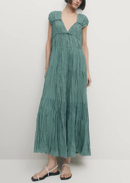 Women Blue V Neck Wrinkled Lace Up Cotton Long Dresses Summer