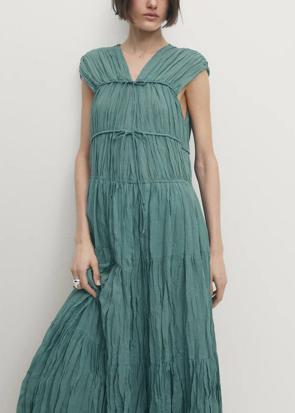 Women Blue V Neck Wrinkled Lace Up Cotton Long Dresses Summer