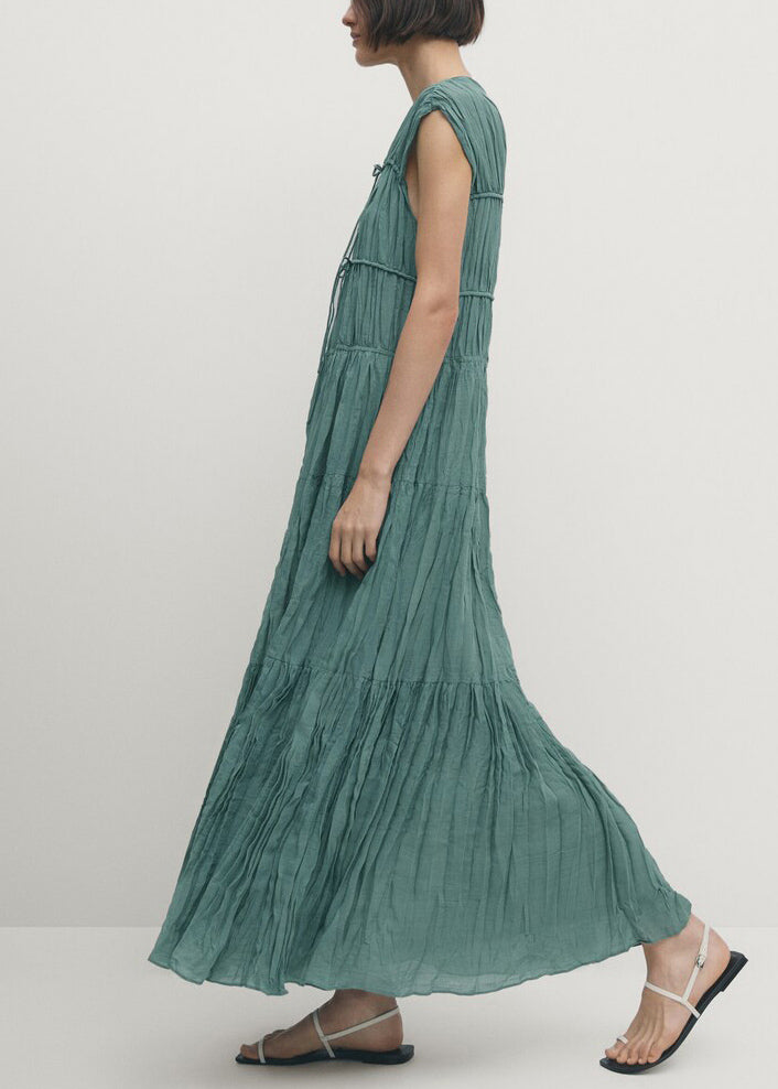 Women Blue V Neck Wrinkled Lace Up Cotton Long Dresses Summer