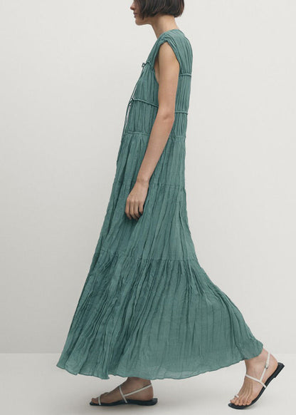 Women Blue V Neck Wrinkled Lace Up Cotton Long Dresses Summer