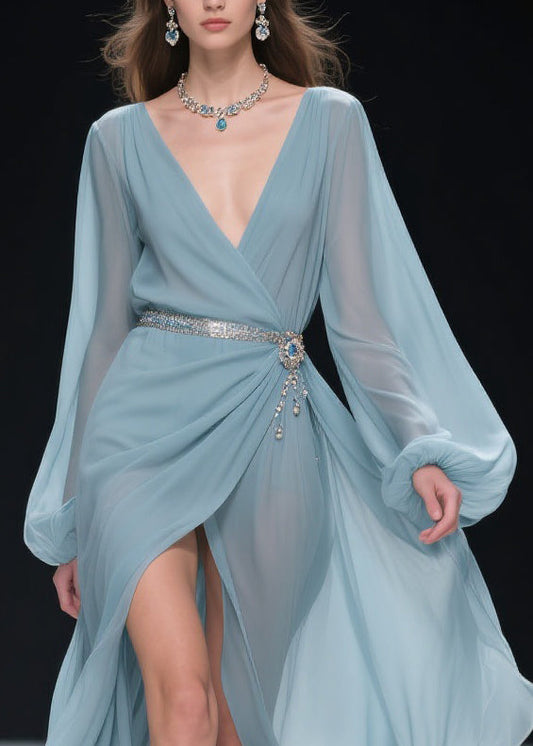 Women Blue V Neck Wrinkled Side Open Long Dresses Lantern Sleeve