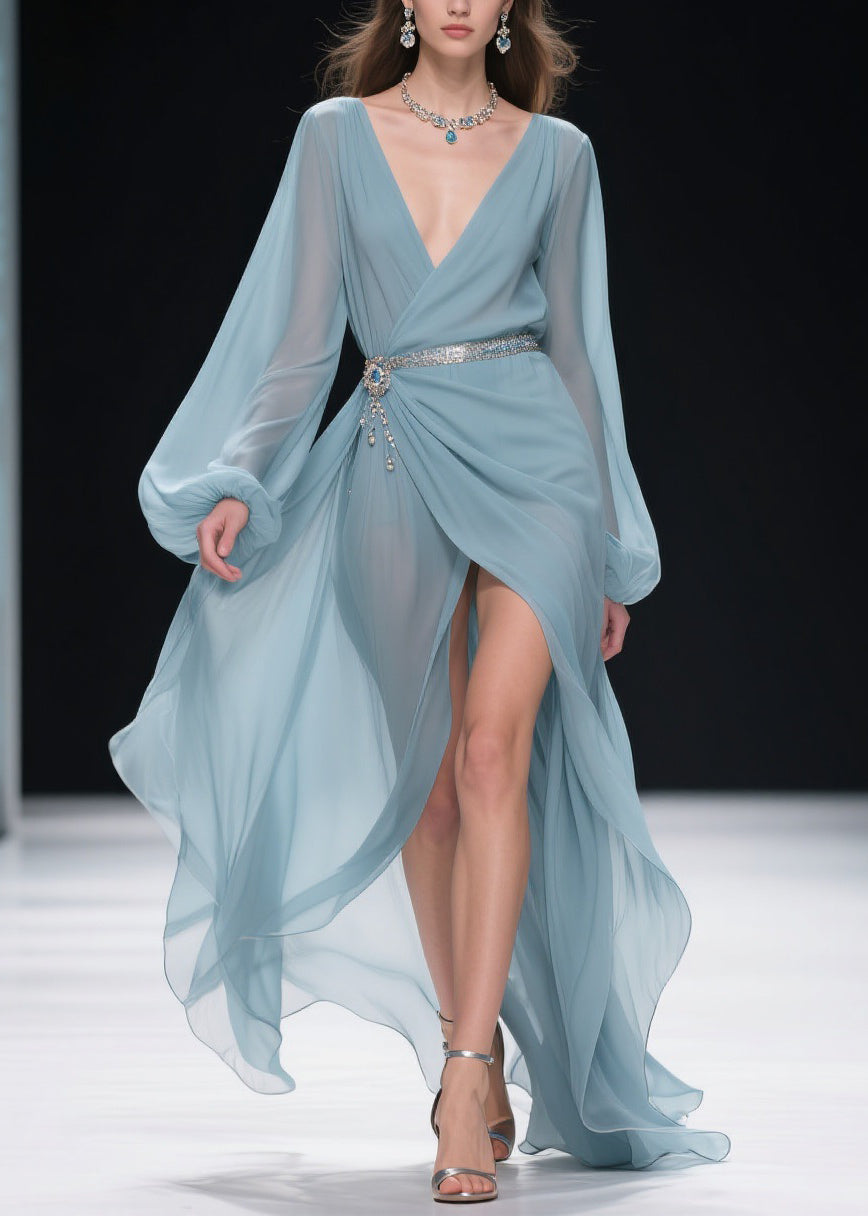 Women Blue V Neck Wrinkled Side Open Long Dresses Lantern Sleeve