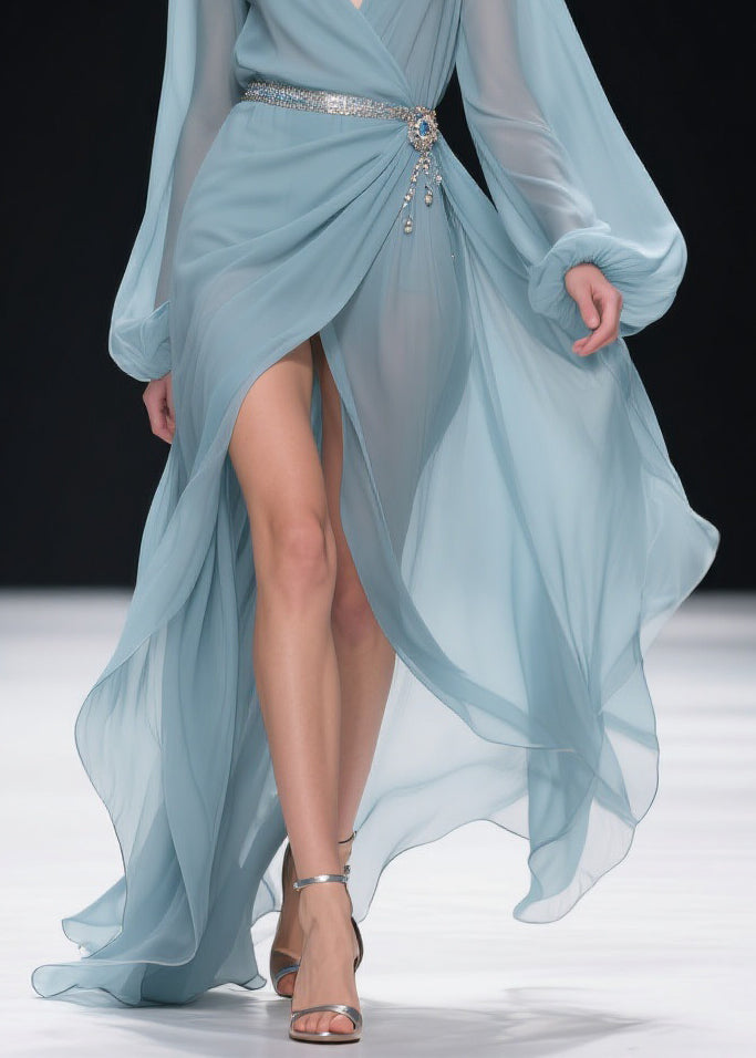 Women Blue V Neck Wrinkled Side Open Long Dresses Lantern Sleeve