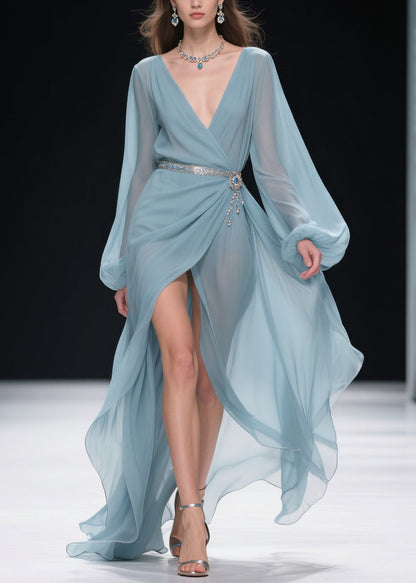 Women Blue V Neck Wrinkled Side Open Long Dresses Lantern Sleeve