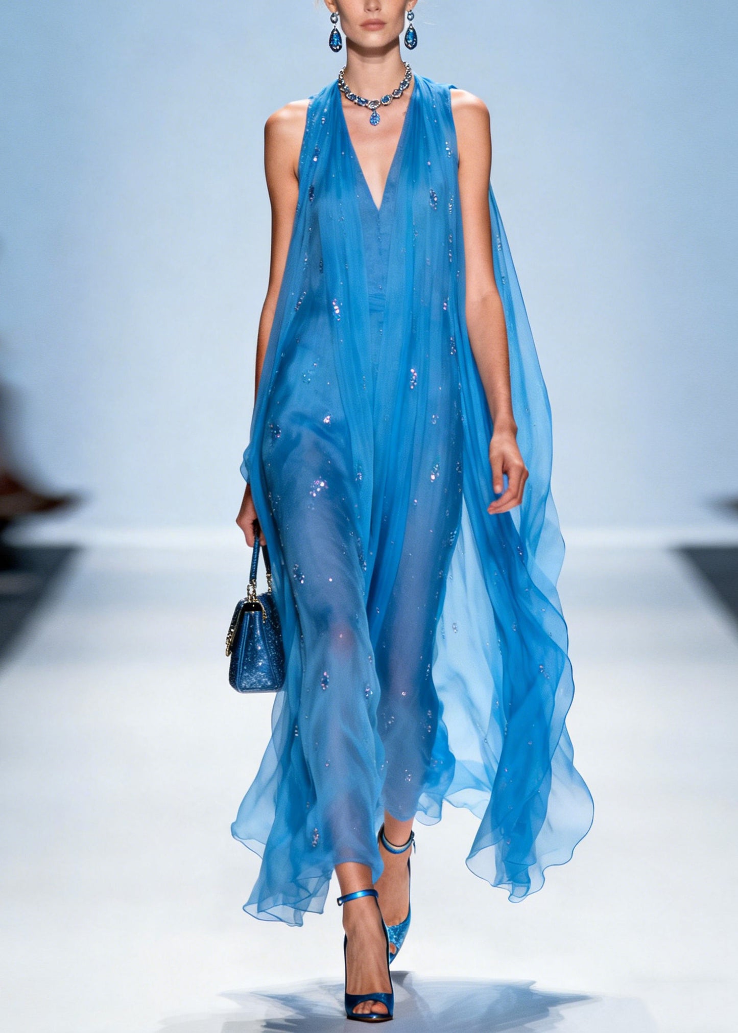 Women Blue V Neck Zircon Chiffon Dresses Sleeveless