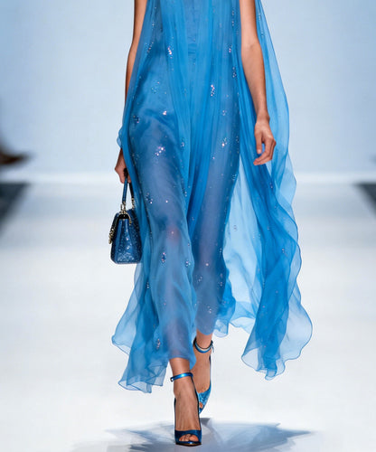 Women Blue V Neck Zircon Chiffon Dresses Sleeveless