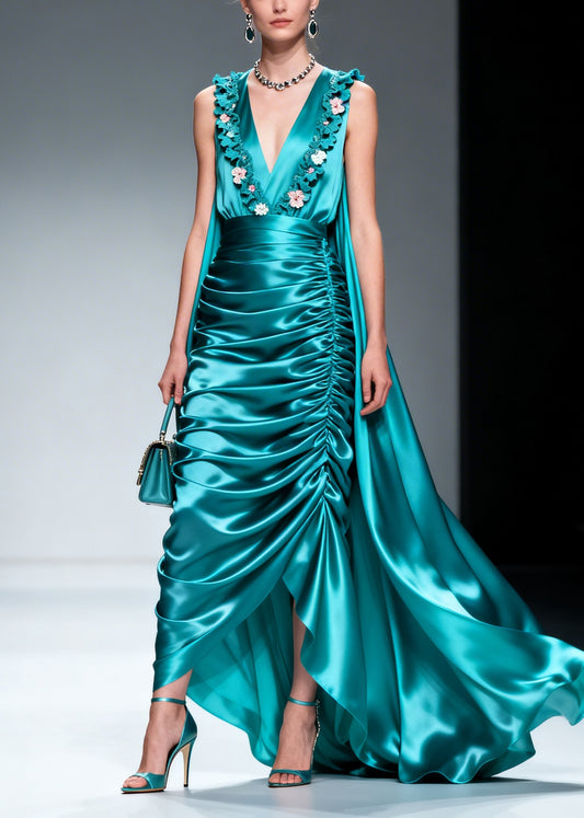 Women Blue Wrinkled Exra Large Hem Flower Silk Party Dresses Sleeveless