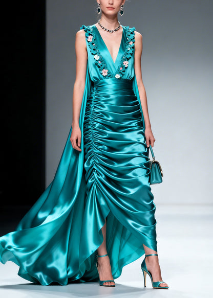 Women Blue Wrinkled Exra Large Hem Flower Silk Party Dresses Sleeveless