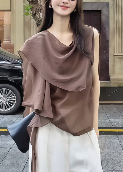 Women Brown Asymmetrical Chiffon Tank Tops Summer