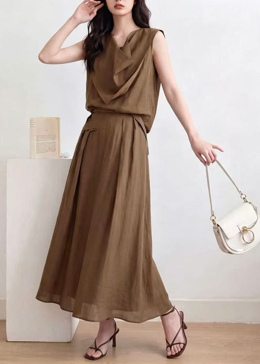 Women Brown Asymmetrical Wrinkled Cotton Two Pieces Set Sleeveless