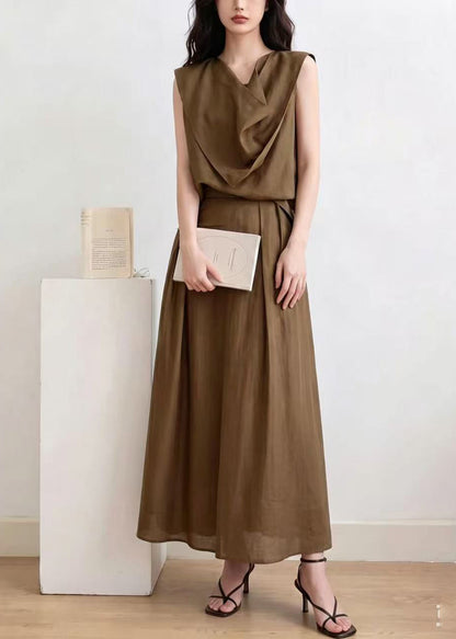 Women Brown Asymmetrical Wrinkled Cotton Two Pieces Set Sleeveless