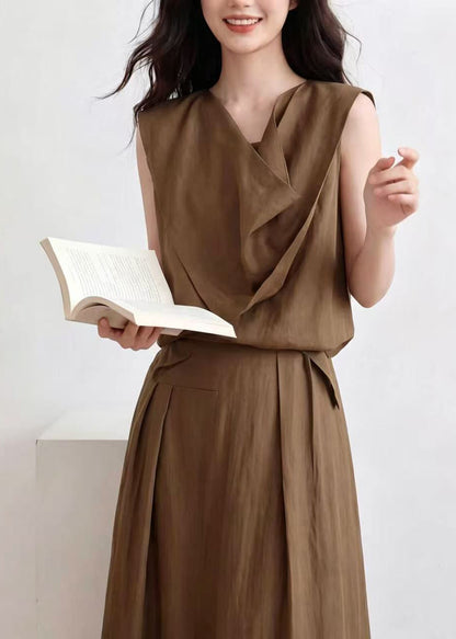 Women Brown Asymmetrical Wrinkled Cotton Two Pieces Set Sleeveless